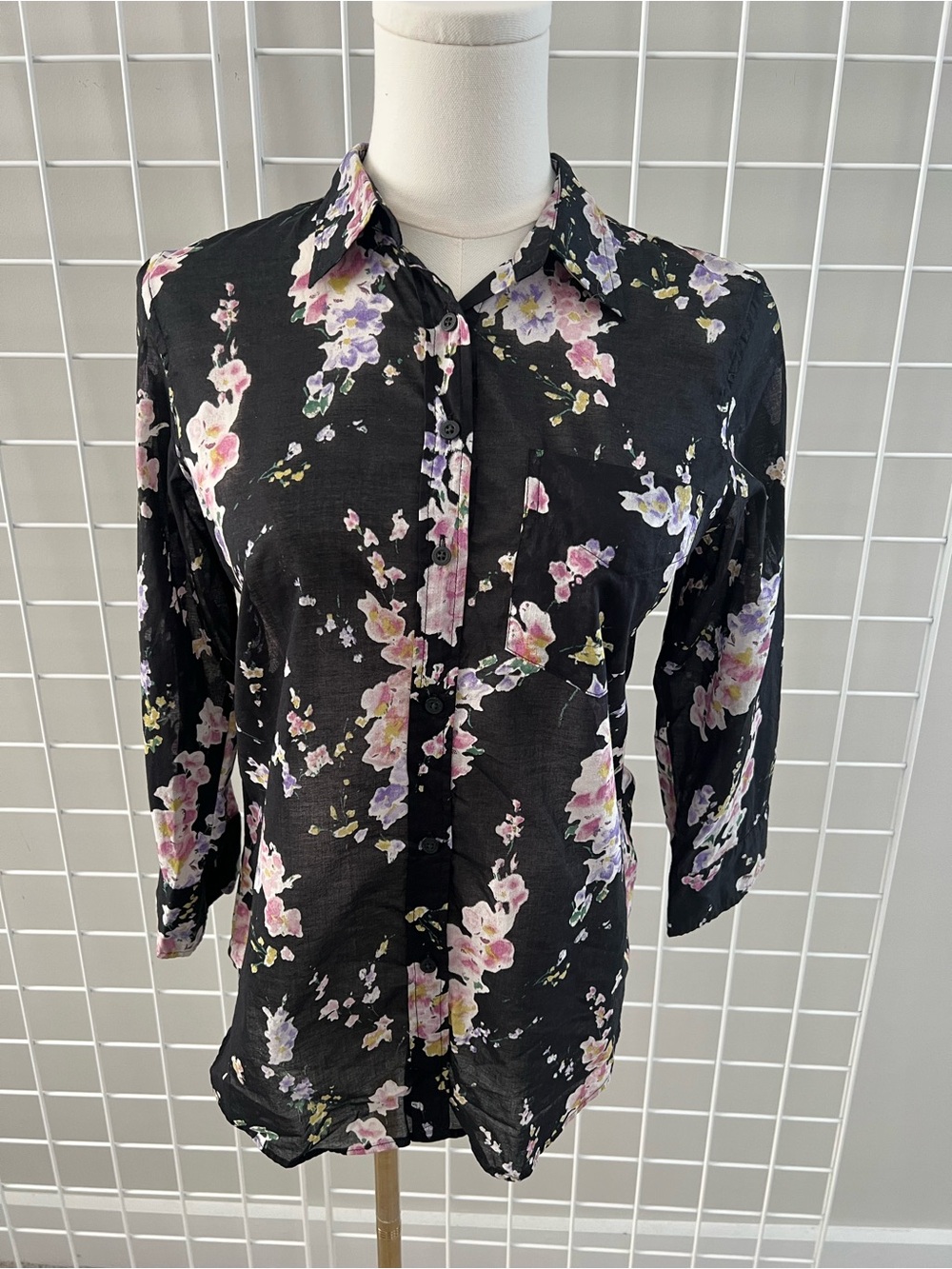 Lauren Ralph Lauren Black Floral Shirt Petite Small Cotton 3/4 Sleeve